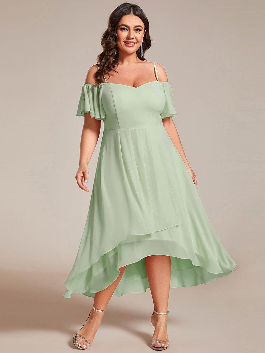 Plus Size Cold Shoulder Sweetheart Necklin Chiffon Midi Wedding Guest Dress #color_Mint Green