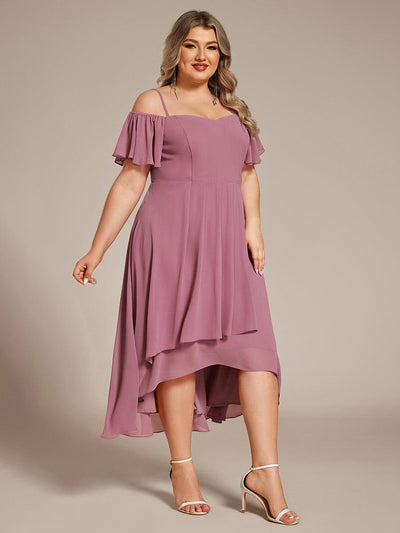 Plus Size Cold Shoulder Sweetheart Necklin Chiffon Midi Wedding Guest Dress #color_Purple Orchid