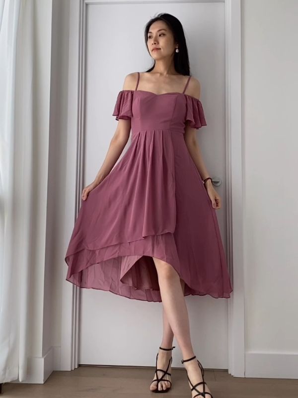 pretty JORDANE|Plus Size Cold Shoulder Sweetheart Necklin Chiffon Midi Wedding Guest Dress Fan Photos 1
