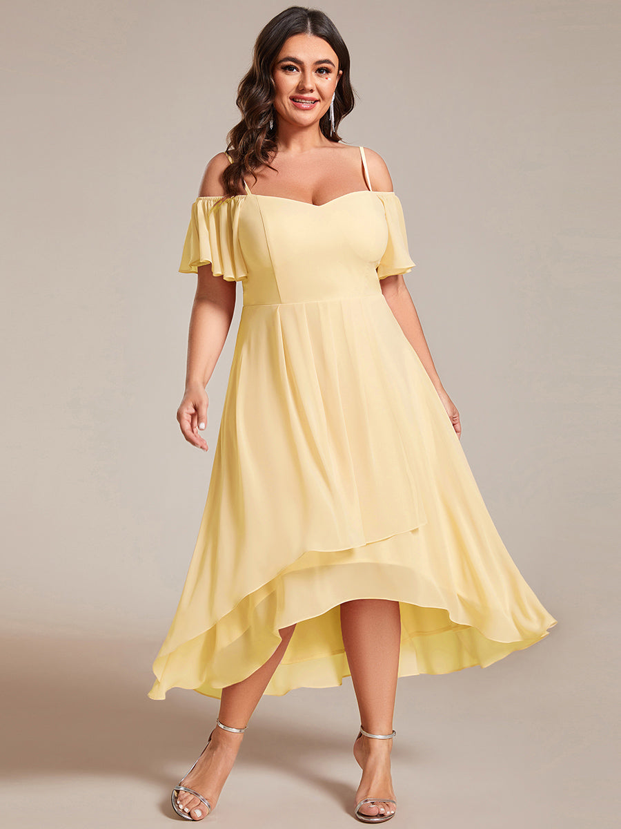 Spaghetti Strap Cold Shoulder Chiffon A-Line Midi Wedding Guest Dress #color_Yellow