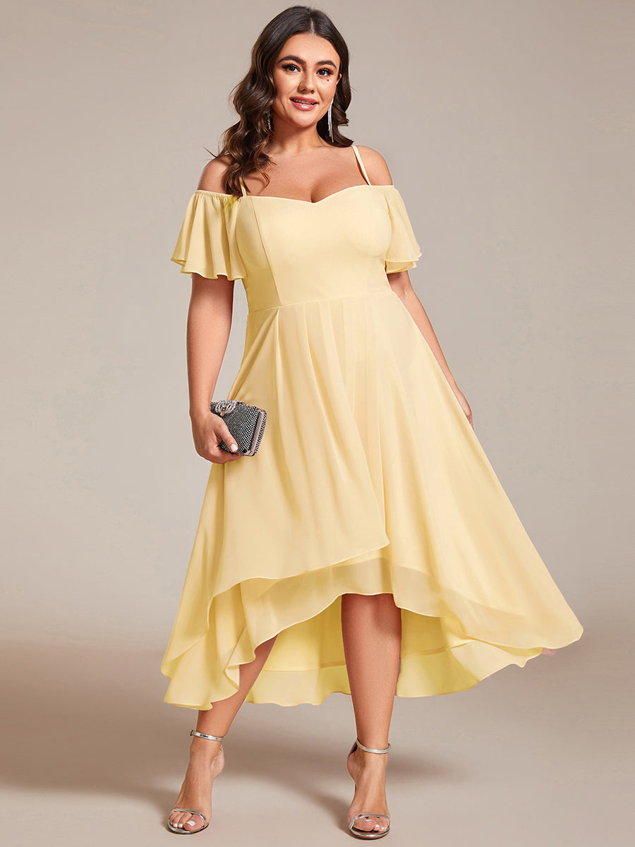 Spaghetti Strap Cold Shoulder Chiffon A-Line Midi Wedding Guest Dress #color_Yellow