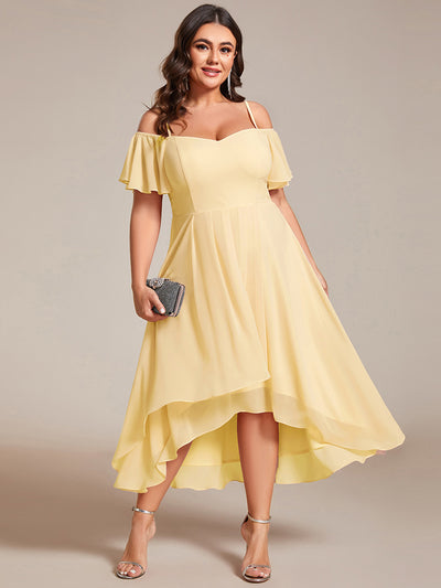 Plus Size Cold Shoulder Sweetheart Necklin Chiffon Midi Wedding Guest Dress #color_Yellow