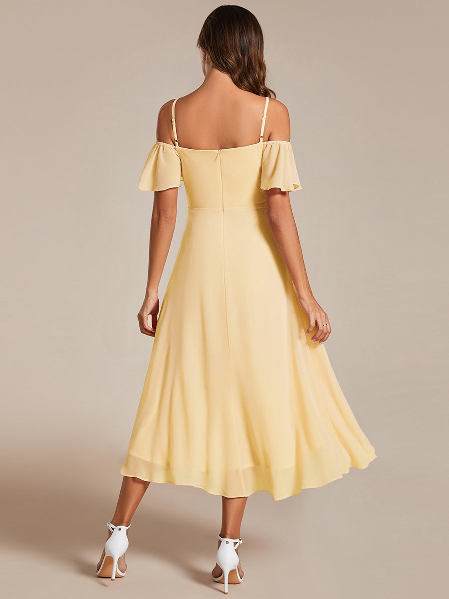 Spaghetti Strap Cold Shoulder Chiffon A-Line Midi Wedding Guest Dress #color_Yellow