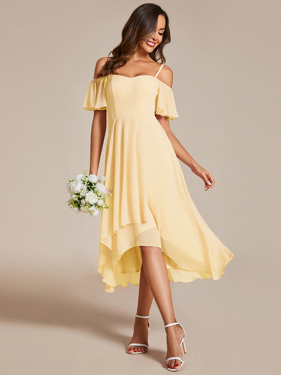 Spaghetti Strap Cold Shoulder Chiffon A-Line Midi Wedding Guest Dress #color_Yellow