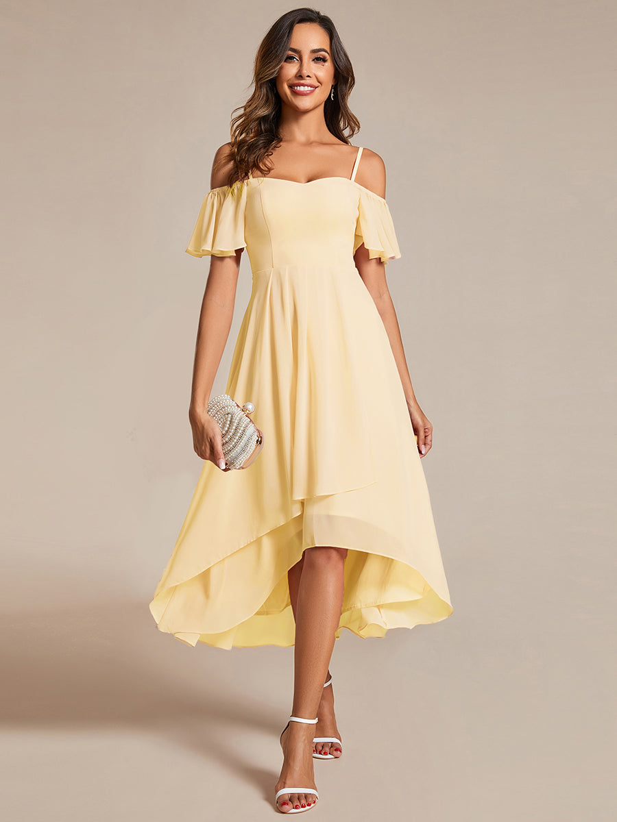 Spaghetti Strap Cold Shoulder Chiffon A-Line Midi Wedding Guest Dress #color_Yellow