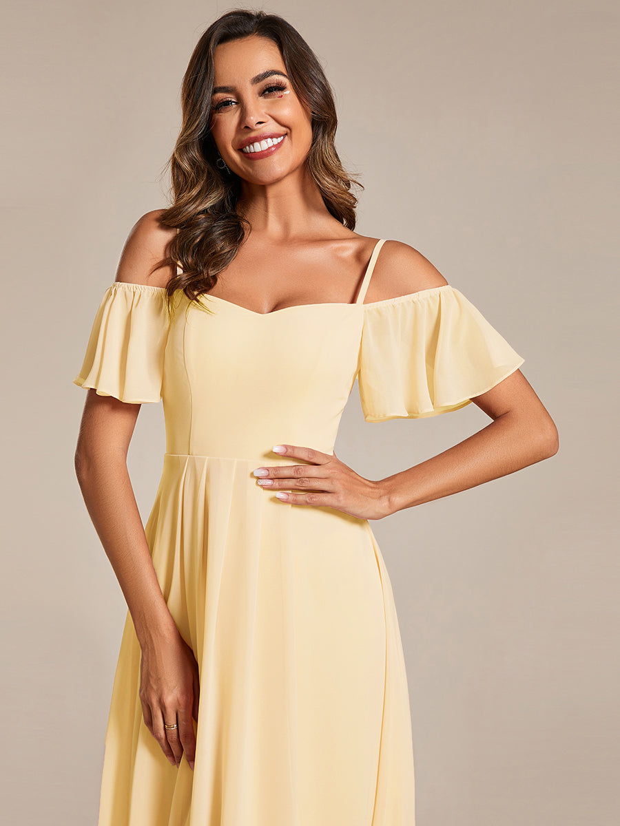 Spaghetti Strap Cold Shoulder Chiffon A-Line Midi Wedding Guest Dress #color_Yellow