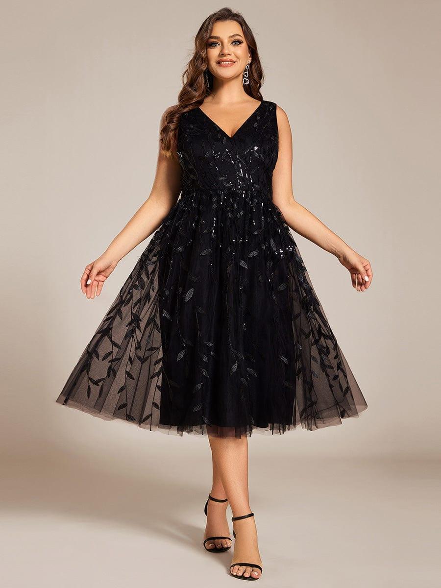 Plus Size Sleeveless Double V-Neck Sequin Midi Wedding Guest Dress with Tulle - Ever-Pretty US Plus Size Sleeveless Double V-Neck Sequin Midi Wedding Guest Dress with Tulle - Ever-Pretty US