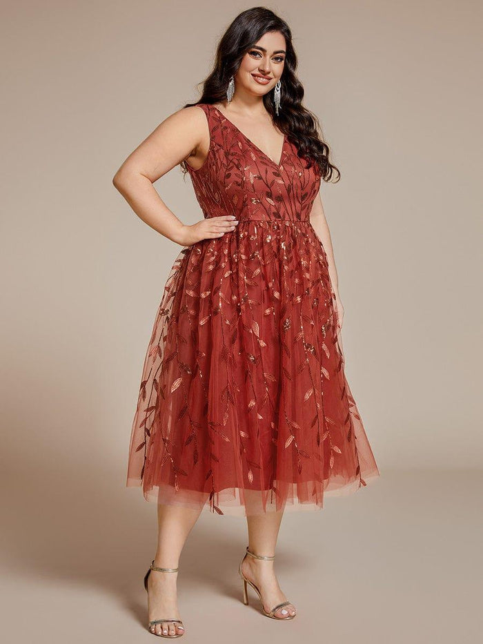 Plus Size Sleeveless Double V-Neck Sequin Midi Wedding Guest Dress with ...