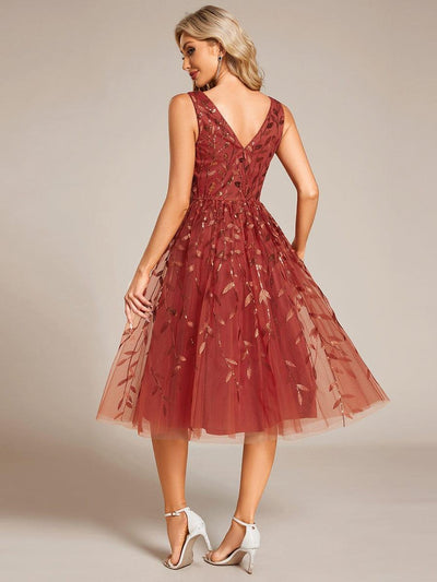 V-Neck Leaf Sequined Sleeveless A-Line Midi Wedding Guest Dress #color_Burnt Orange