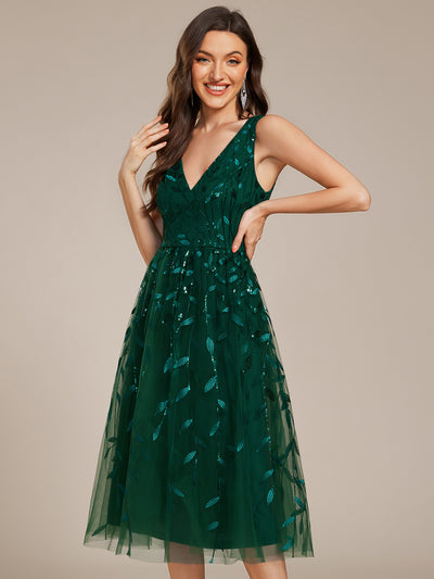 V-Neck Sequine Sleeveless A-Line Party Dress #color_Dark Green