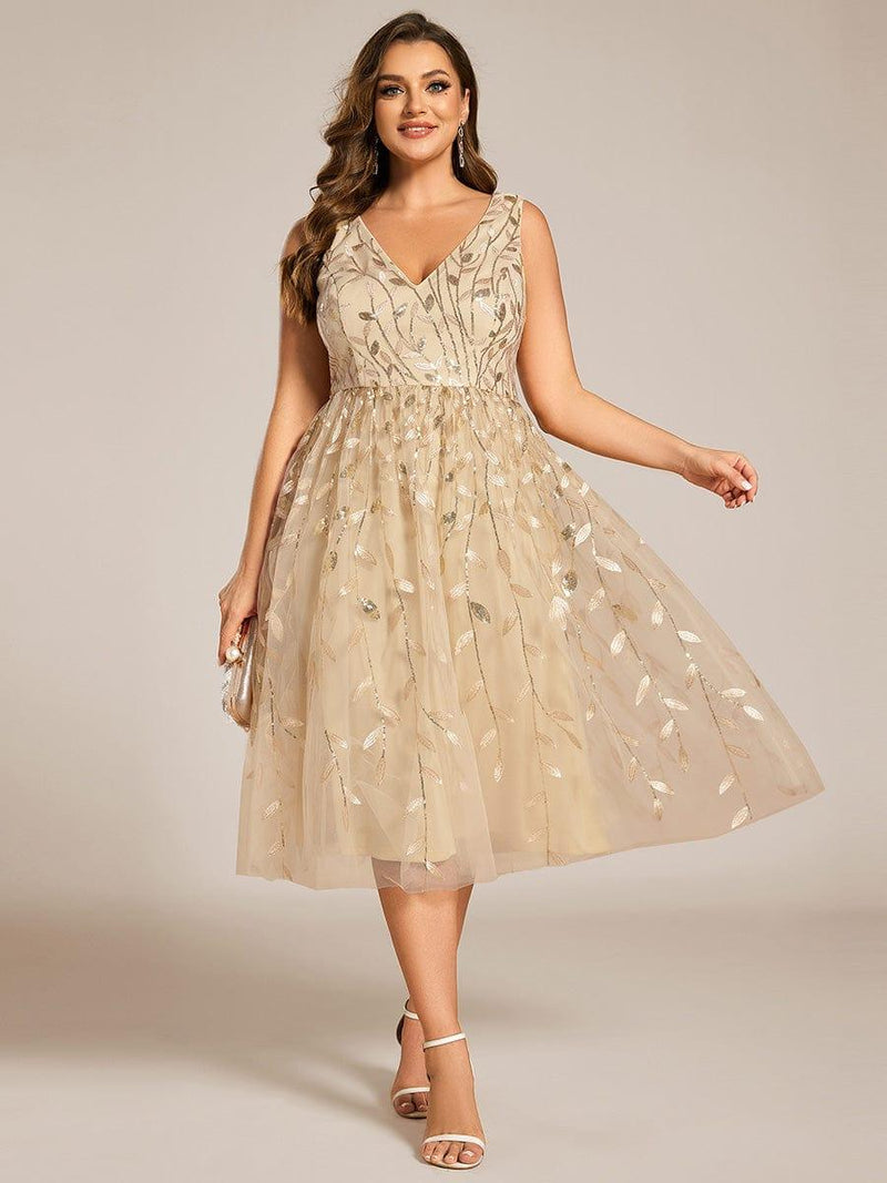 Plus Size Sleeveless Double V-Neck Sequin Midi Wedding Guest Dress with