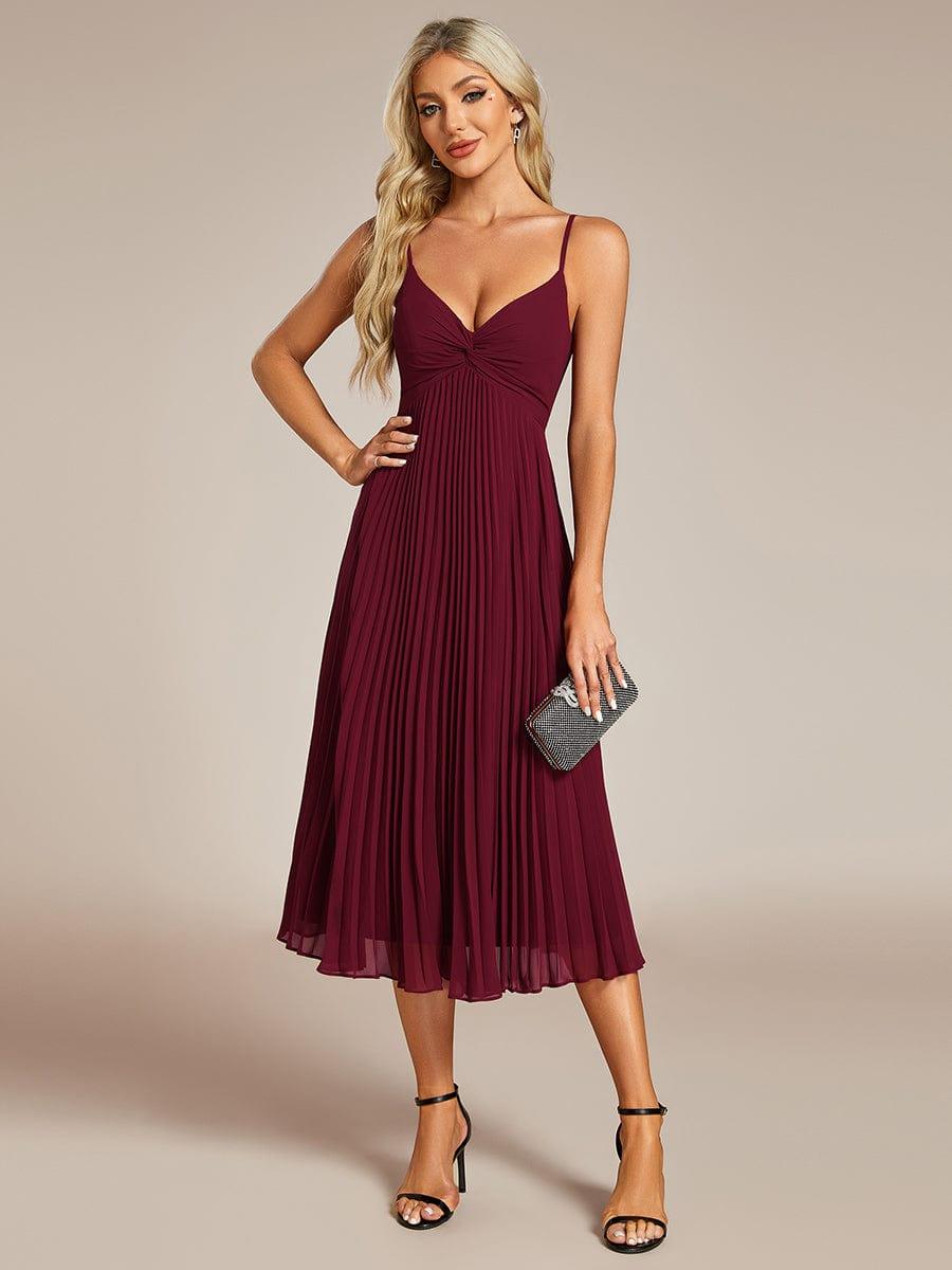 Midi Tiered Pleated V-Neck Wedding Guest Dress Featuring Spaghetti Straps #color_Burgundy