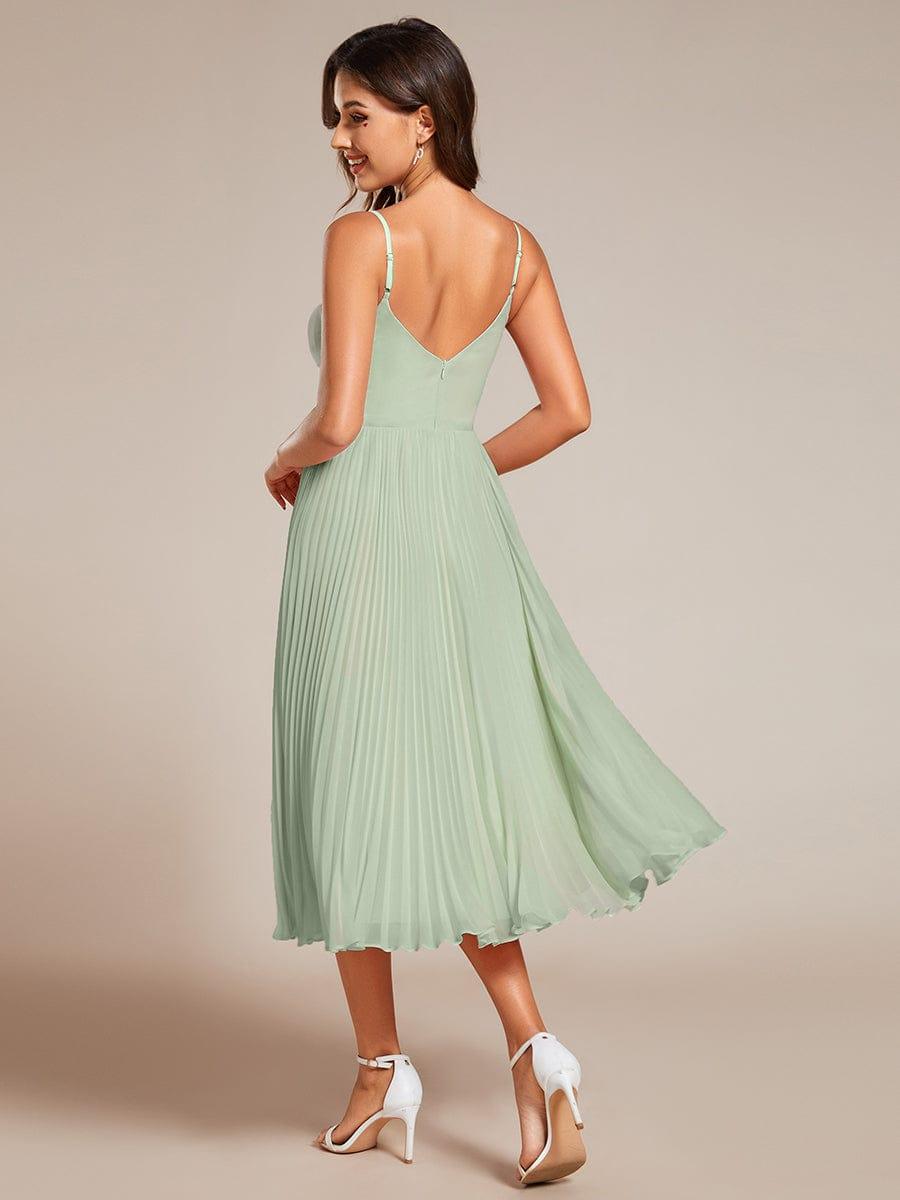 Midi Tiered Pleated V-Neck Wedding Guest Dress Featuring Spaghetti Straps #color_Mint Green