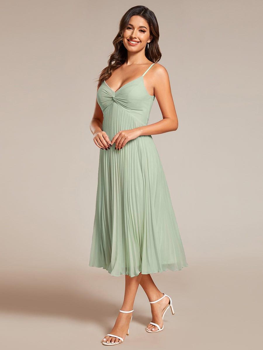 Midi Tiered Pleated V-Neck Wedding Guest Dress Featuring Spaghetti Straps #color_Mint Green