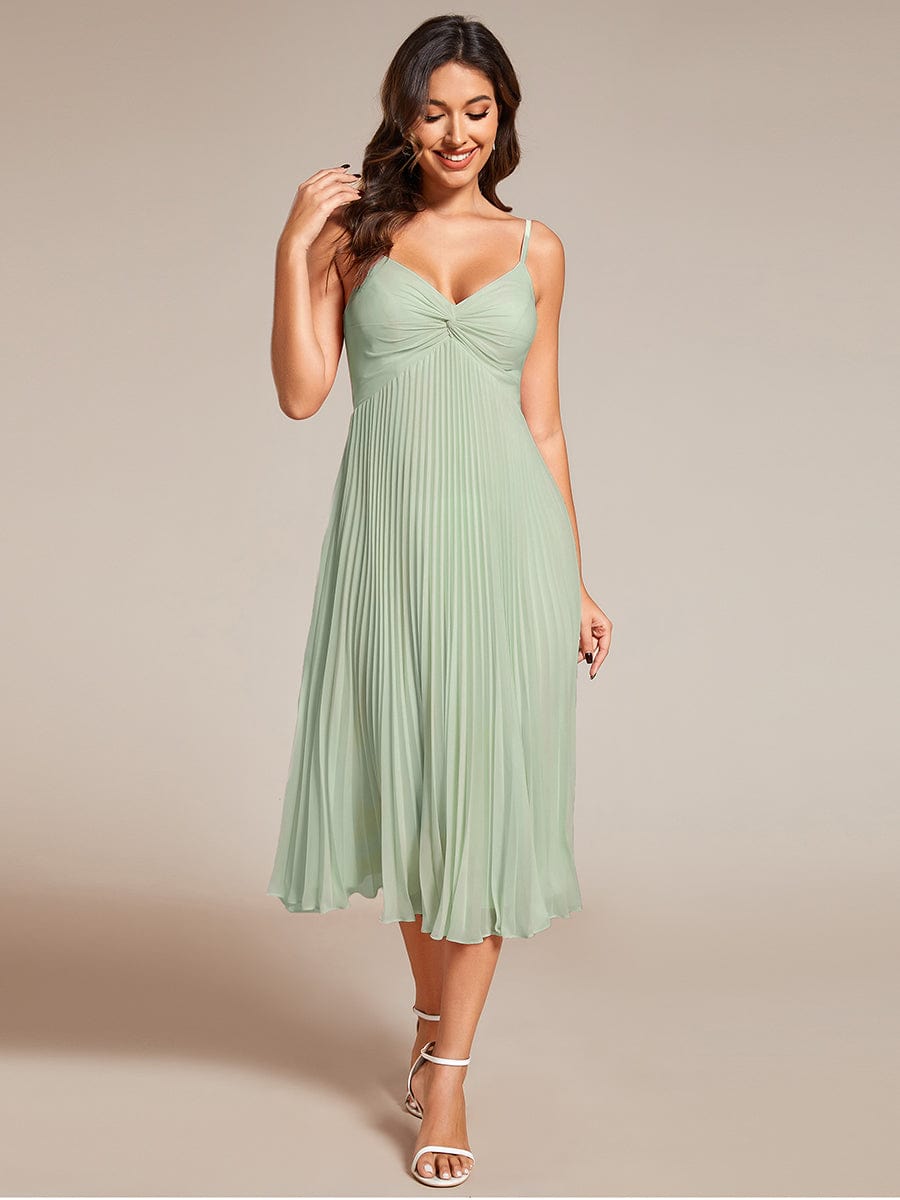 Midi Tiered Pleated V-Neck Wedding Guest Dress Featuring Spaghetti Straps #color_Mint Green