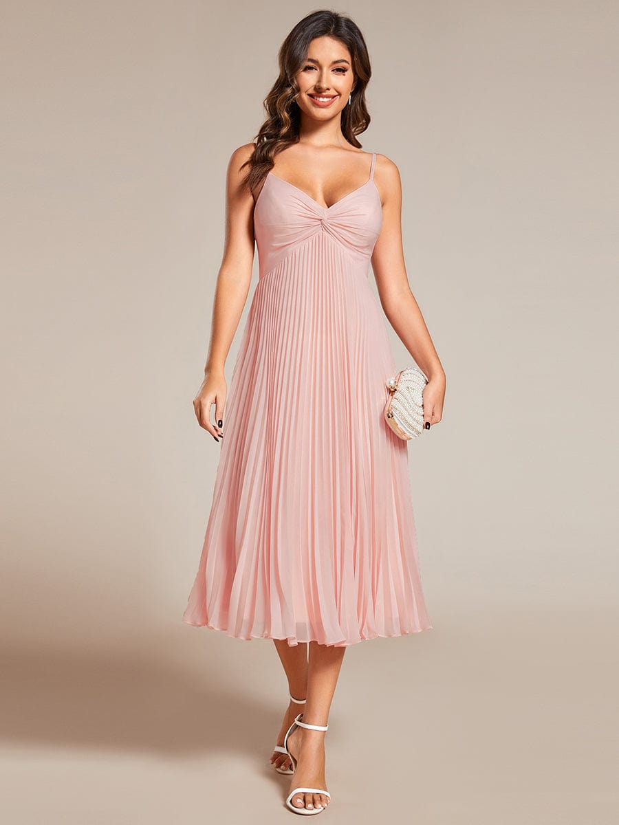 Midi Tiered Pleated V-Neck Wedding Guest Dress Featuring Spaghetti Straps #color_Pink