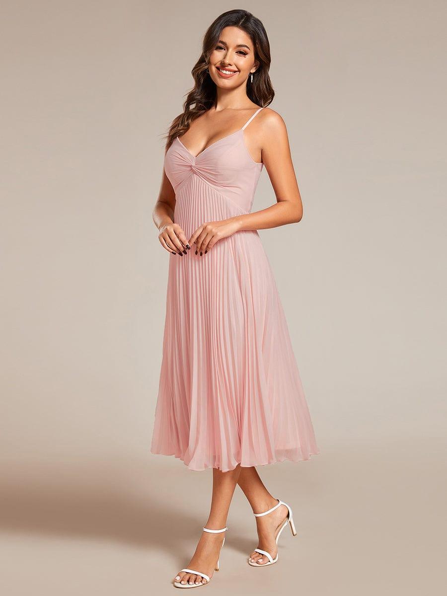 Midi Tiered Pleated V-Neck Wedding Guest Dress Featuring Spaghetti Straps #color_Pink