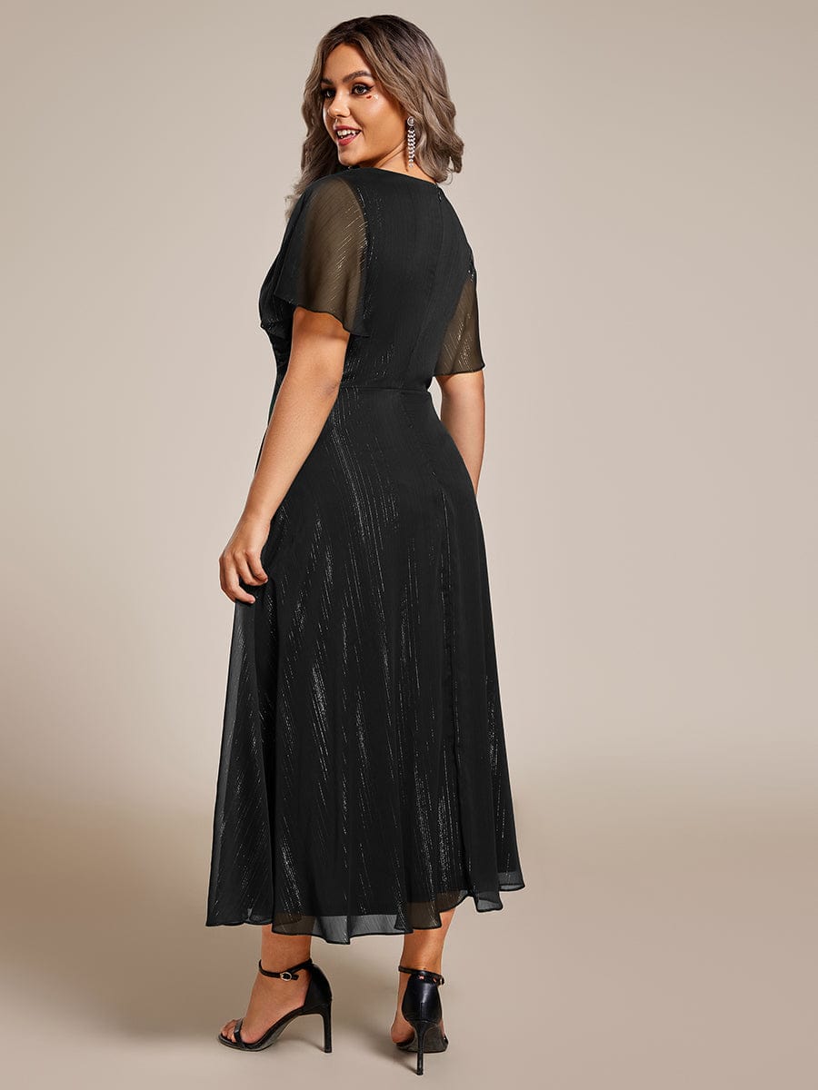 Plus Size Silver Metallic Fabric V-Neck A-Line Dress featuring Delicate Ruffled Hem #color_Black