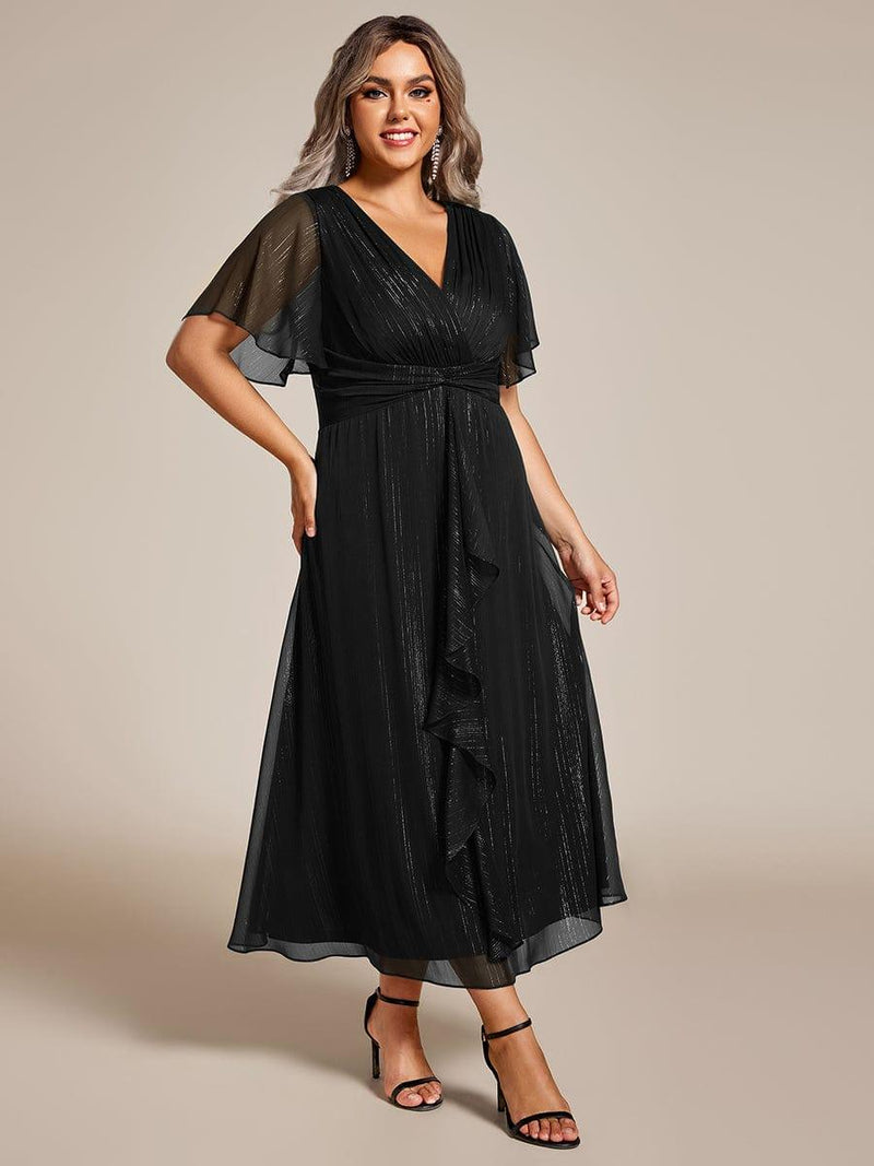 Plus Size V-Neck A-Line Wedding Guest Dress with Ruffled Hem