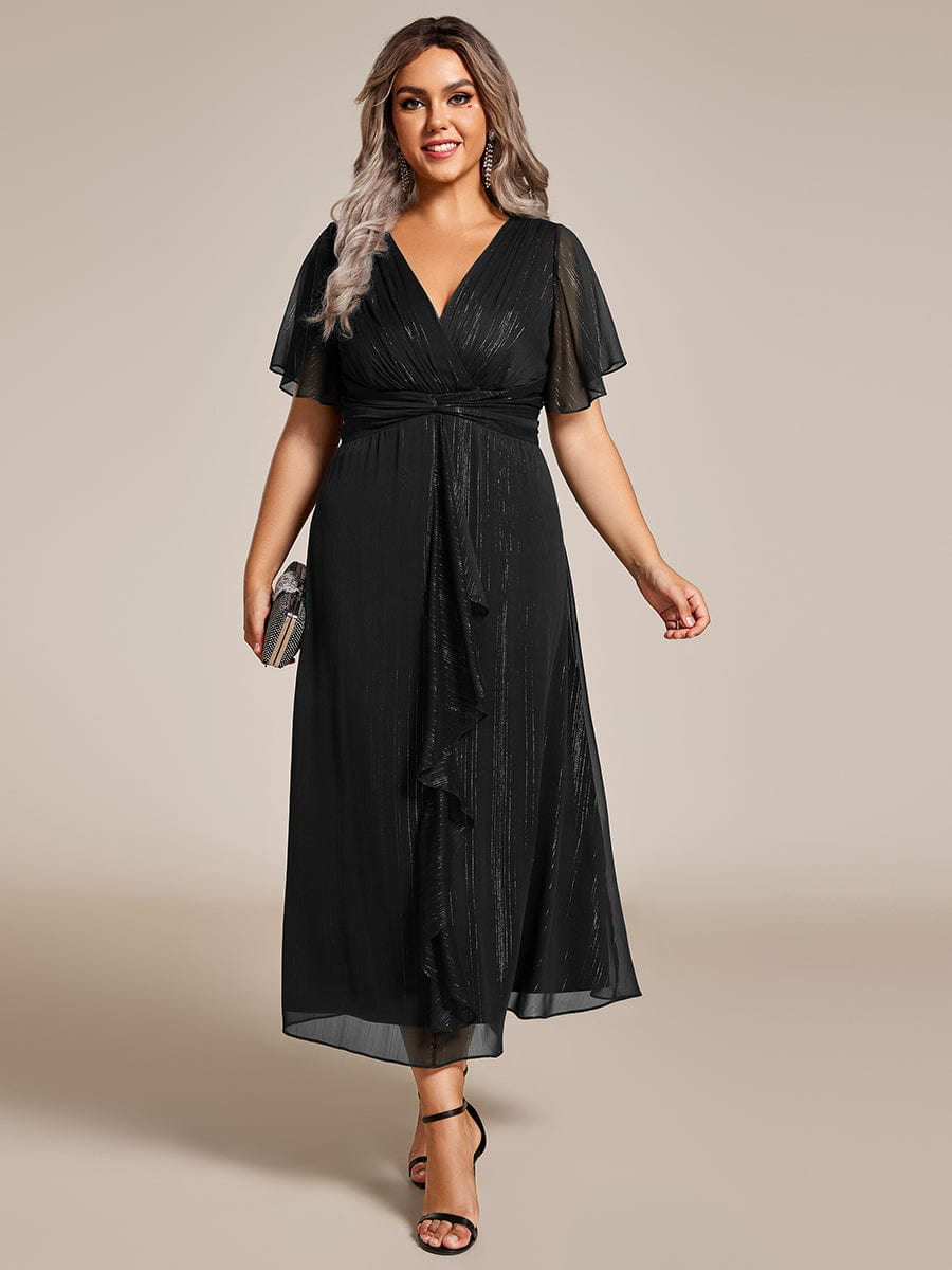 Plus Size Silver Metallic Fabric V-Neck A-Line Dress featuring Delicate Ruffled Hem #color_Black