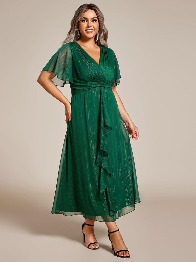 Plus Size V-Neck A-Line Wedding Guest Dress with Ruffled Hem