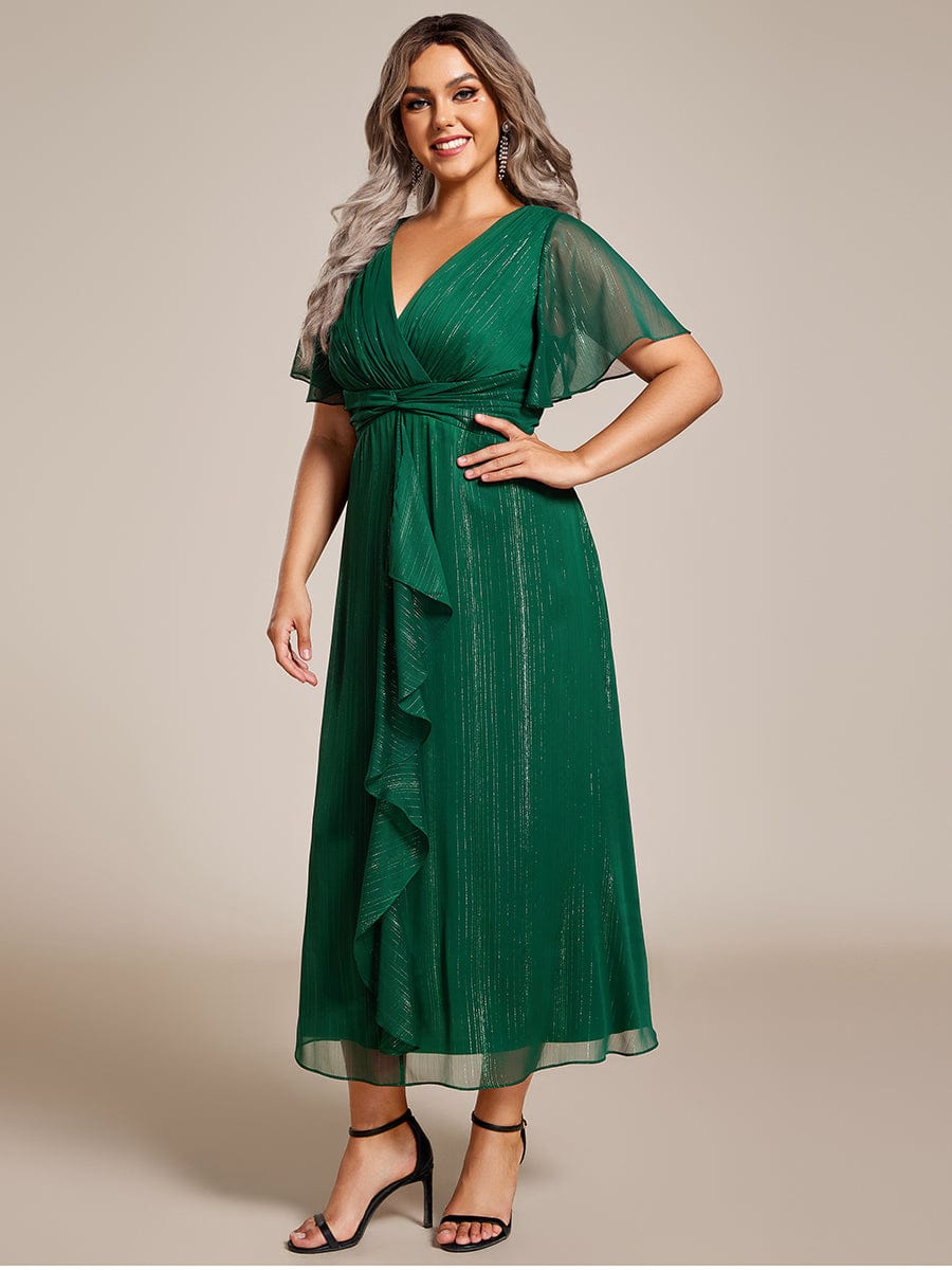 Plus Size Silver Metallic Fabric V-Neck A-Line Dress featuring Delicate Ruffled Hem #color_Dark Green