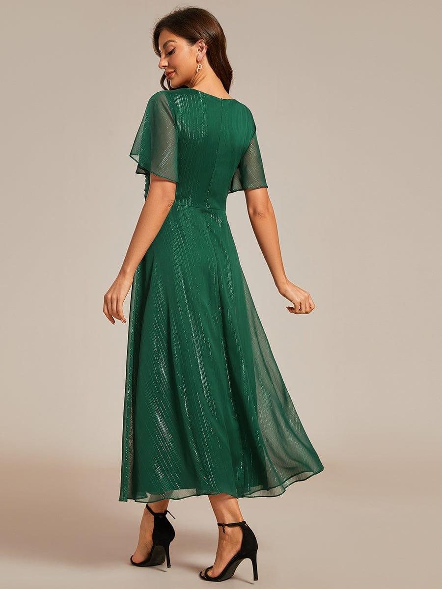 Silver Metallic Fabric V-Neck A-Line Dress featuring Delicate Ruffled Hem #color_Dark Green