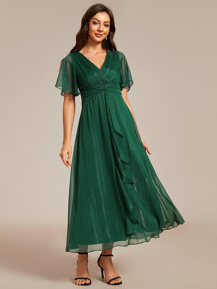 Silver Metallic Fabric V-Neck A-Line Dress featuring Delicate Ruffled Hem #color_Dark Green