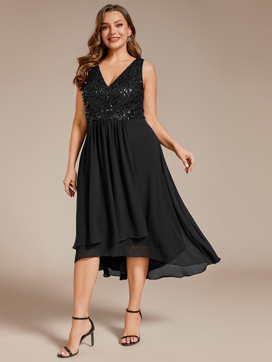 Plus Size Sequin Bodice V-Neck Sleeveless Chiffon Wedding Guest Dress #color_Black