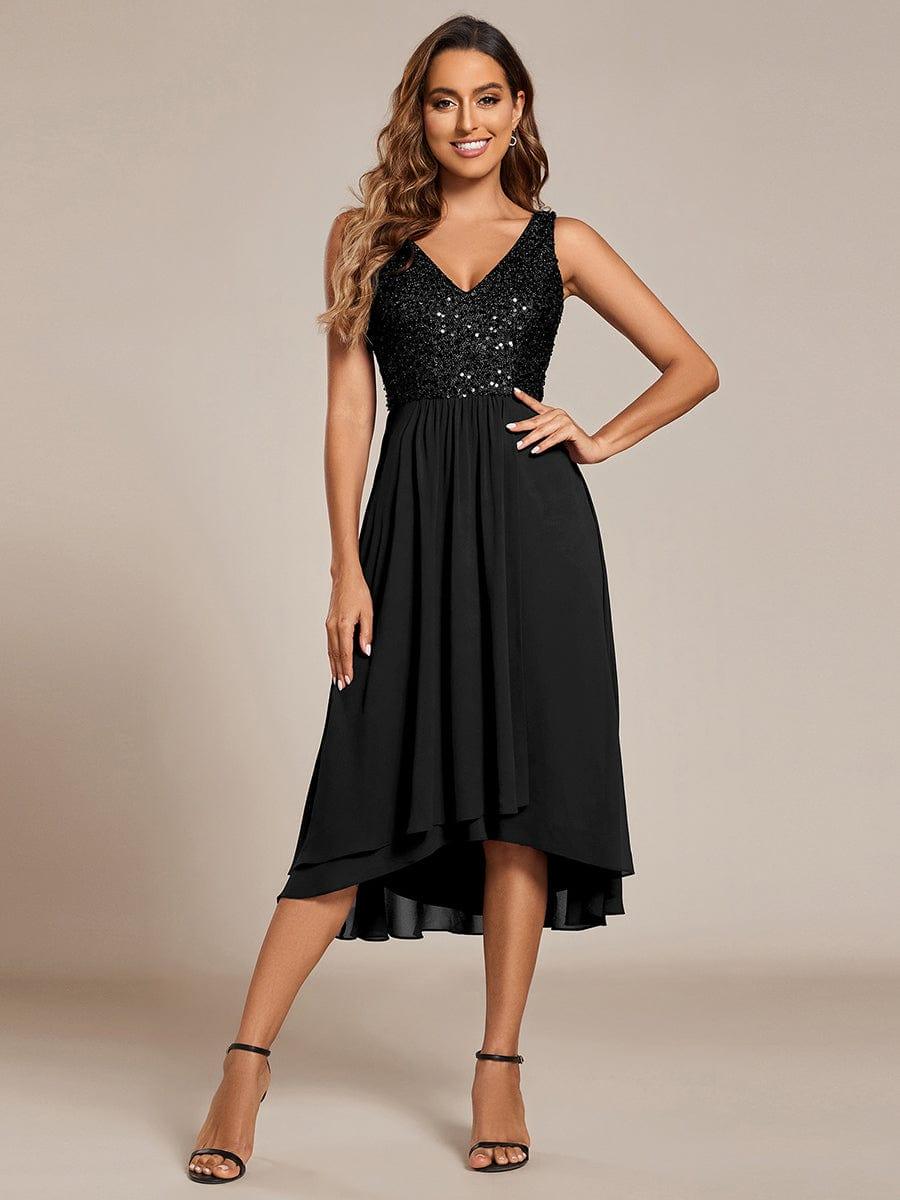 Chic V-Neck Sleeveless Chiffon Wedding Guest Dress with Sequin Bodice #color_Black