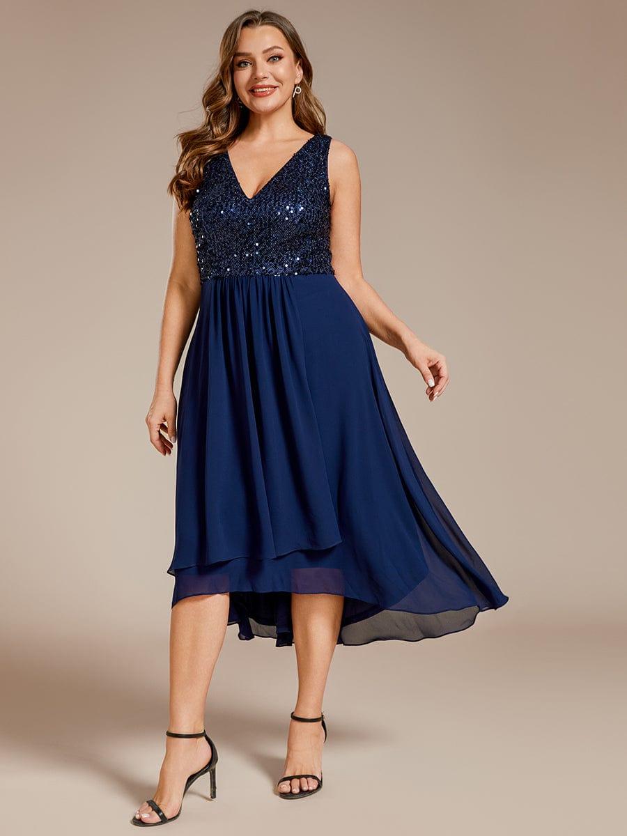 Plus Size Sequin Bodice V-Neck Sleeveless Chiffon Wedding Guest Dress #color_Navy Blue