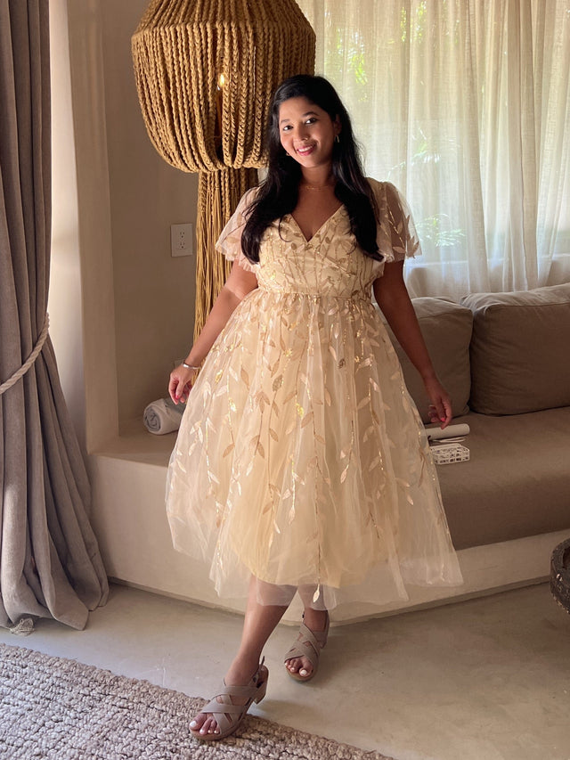 ever SIMONE|Leaf Sequin Midi Formal Evening Party Dress Fan Photos 5
