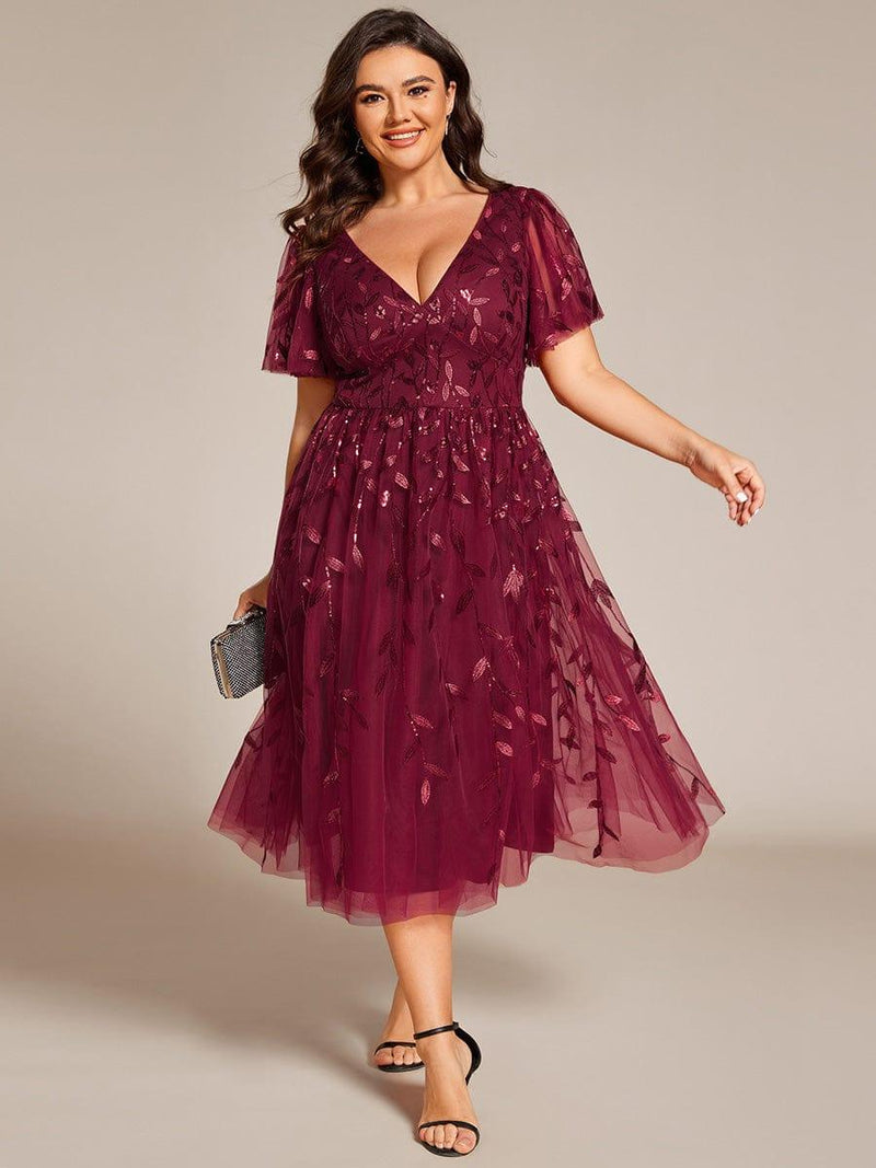 Plus Size Leaf Sequin V-Neck Midi Wedding Guest Dress with Tulle - Ever ...