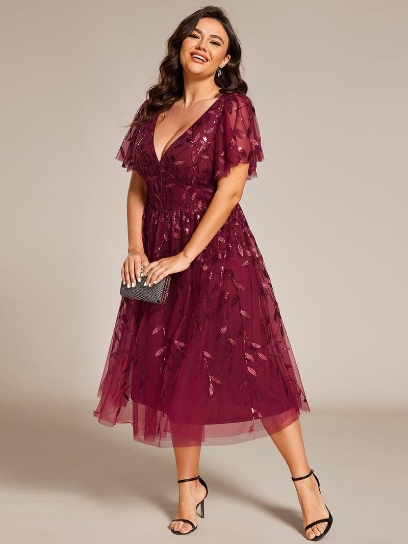 Plus Size Leaf Sequin V-Neck Midi Wedding Guest Dress with Tulle - Ever ...
