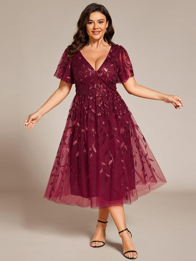 Plus Size Sparkly A-Line Midi Tulle Formal Wedding Guest Dress with Leaf Sequin #color_Burgundy