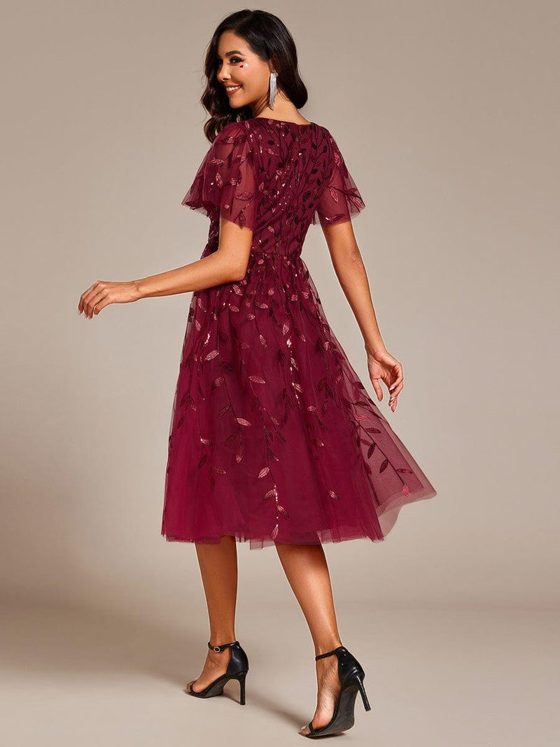 Elegant Short Sleeves Leaf Sequin V-Neck Midi Wedding Guest Dress