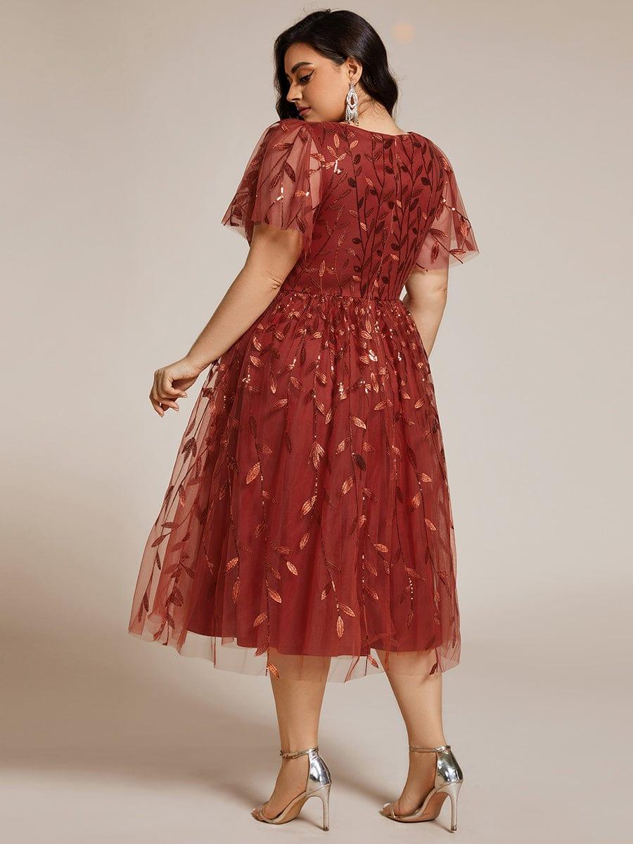 Short Sleeves Leaf Sequin A-Line Midi Formal Wedding Guest Dress #color_Burnt Orange