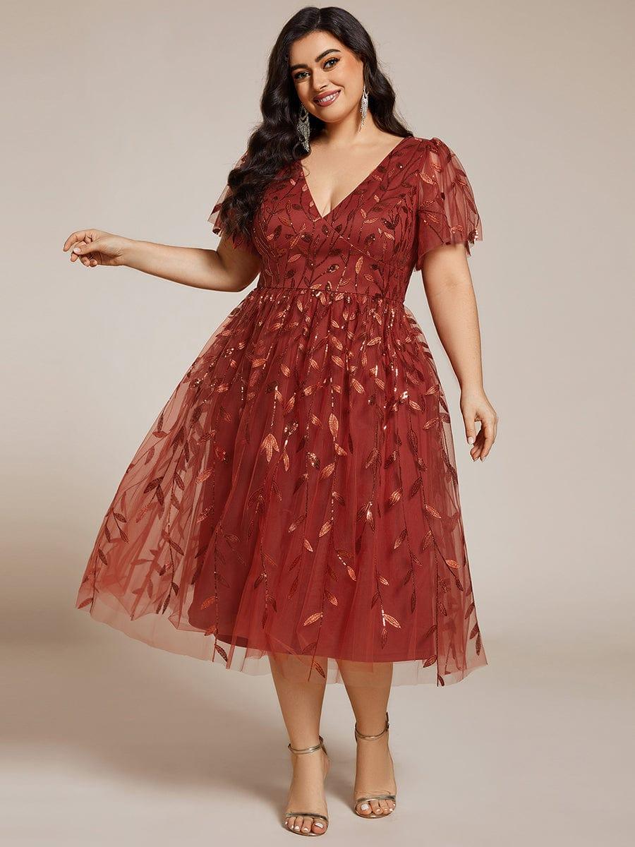 Short Sleeves Leaf Sequin A-Line Midi Formal Wedding Guest Dress #color_Burnt Orange