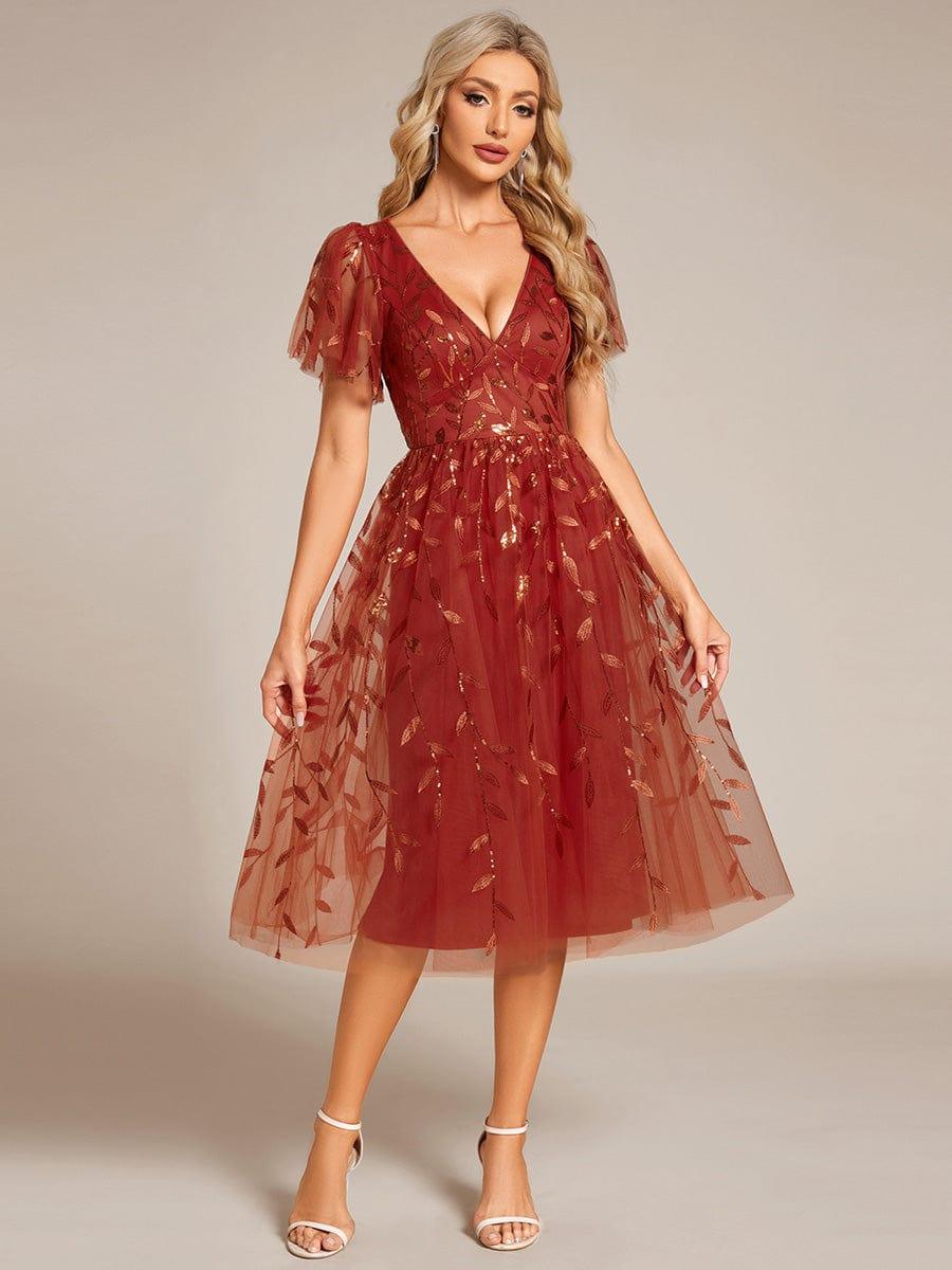 Short Sleeves Leaf Sequin A-Line Midi Formal Wedding Guest Dress #color_Burnt Orange