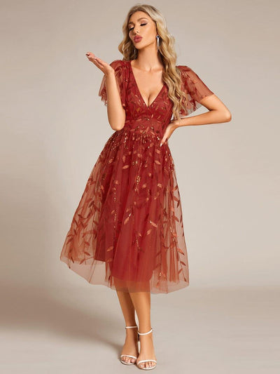 Short Sleeves Leaf Sequin A-Line Midi Formal Wedding Guest Dress #color_Burnt Orange