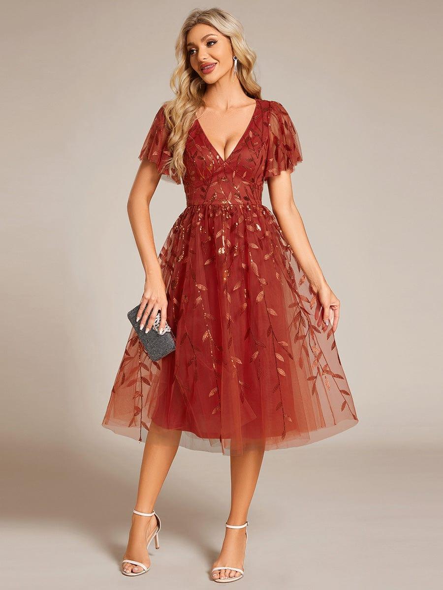 Short Sleeves Leaf Sequin A-Line Midi Formal Wedding Guest Dress #color_Burnt Orange