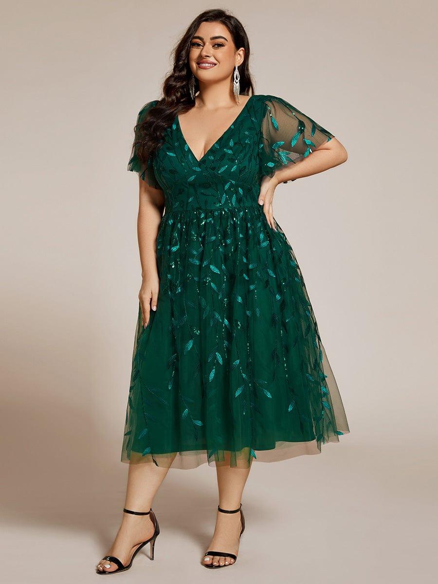 Plus Size Sparkly Midi Cocktail Dress #color_Dark Green