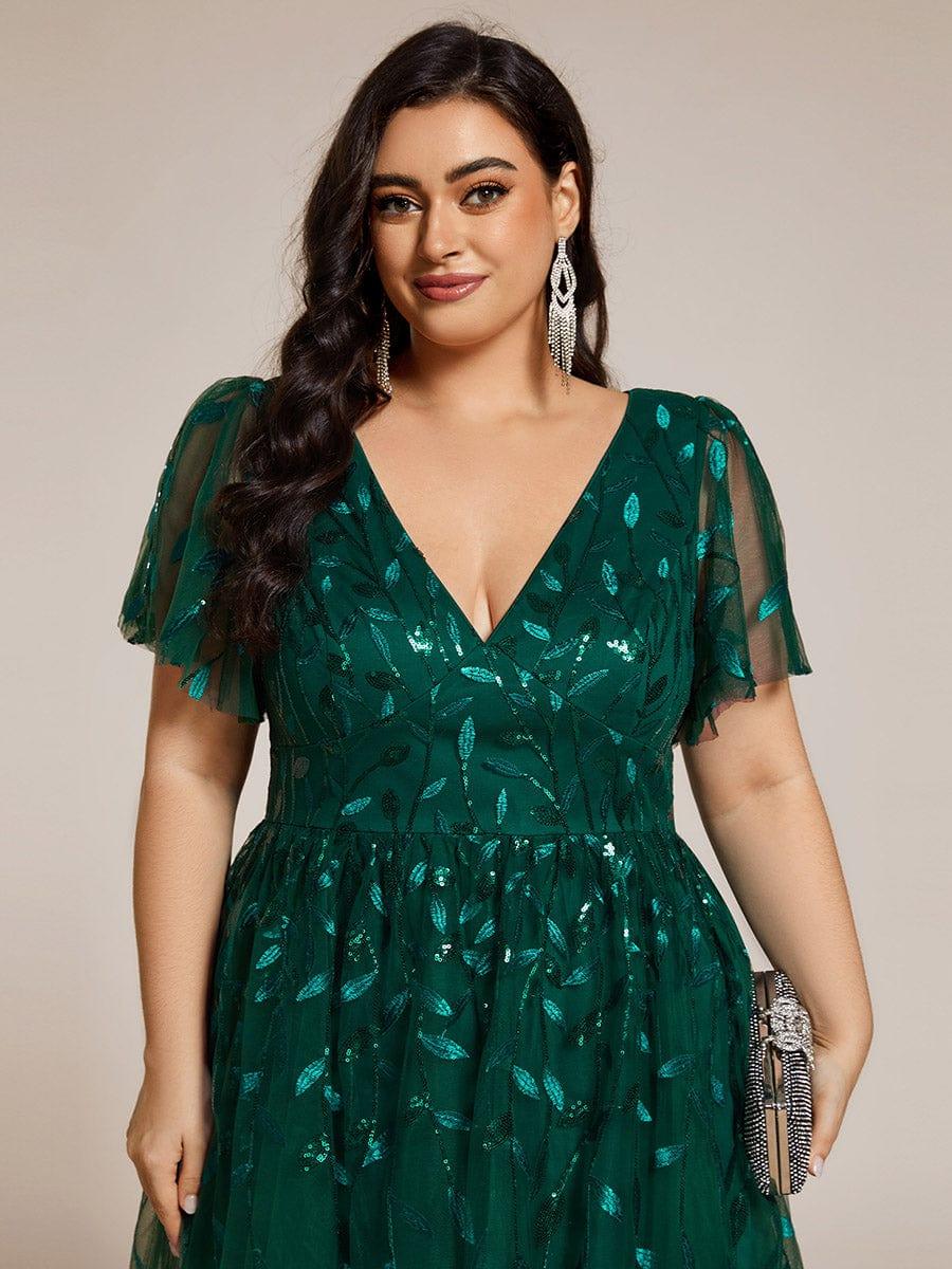Short Sleeves Leaf Sequin A-Line Midi Formal Wedding Guest Dress #color_Dark Green