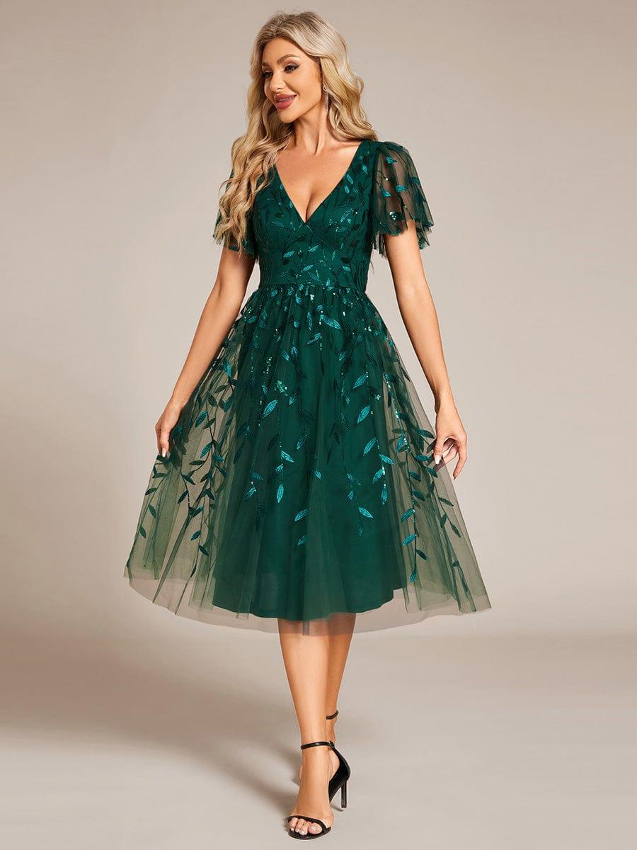 Short Sleeves Leaf Sequin A-Line Midi Formal Wedding Guest Dress #color_Dark Green
