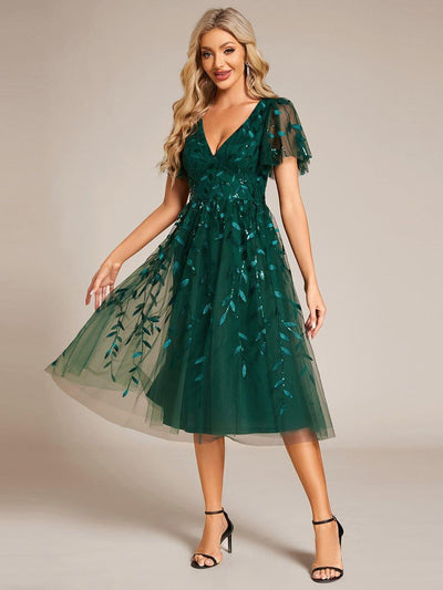 Short Sleeves Leaf Sequin A-Line Midi Formal Wedding Guest Dress #color_Dark Green