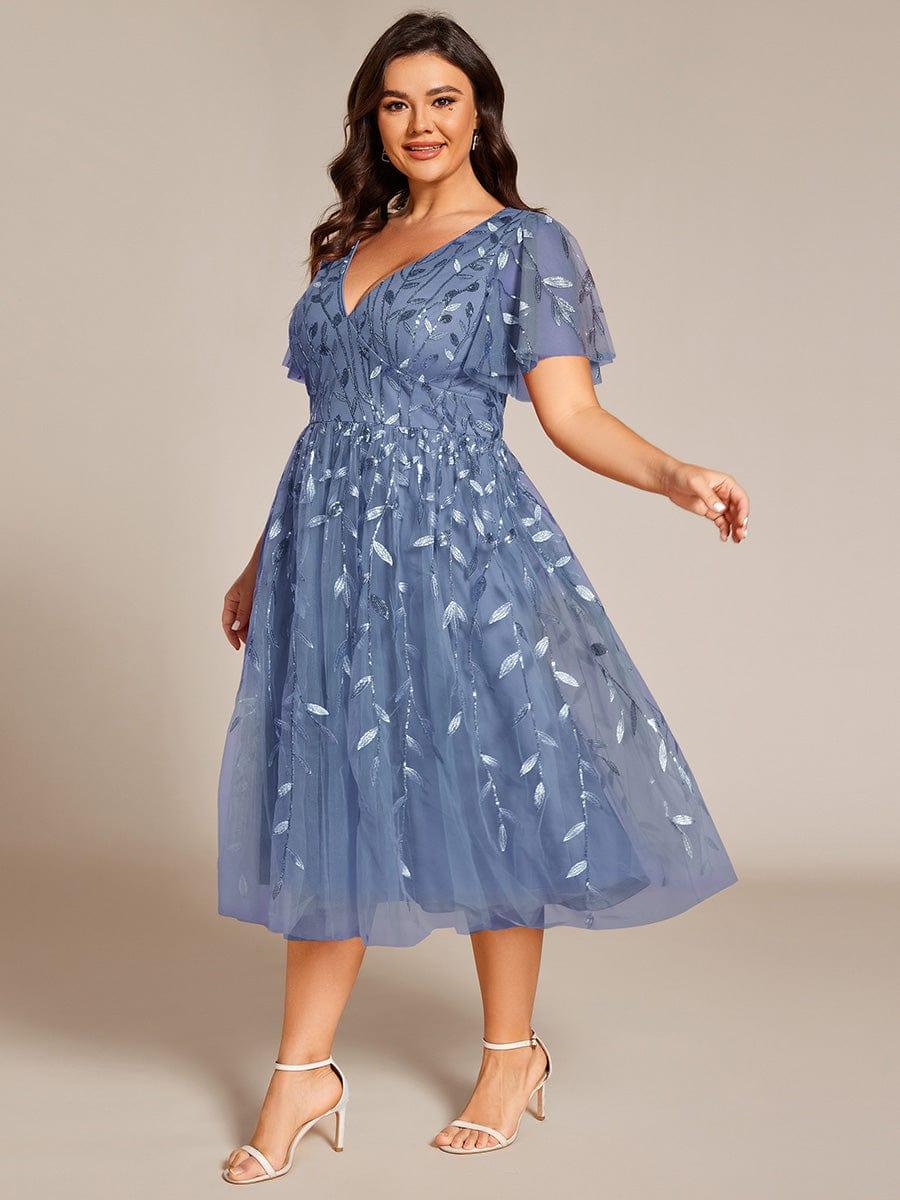 Plus Size Sparkly A-Line Midi Tulle Formal Wedding Guest Dress with Leaf Sequin #color_Dusty Blue