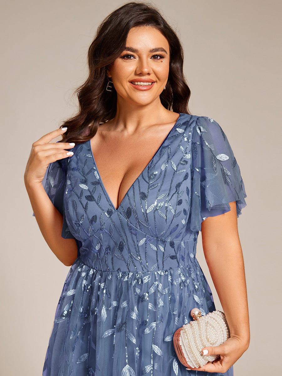 Plus Size Sparkly A-Line Midi Tulle Formal Wedding Guest Dress with Leaf Sequin #color_Dusty Blue