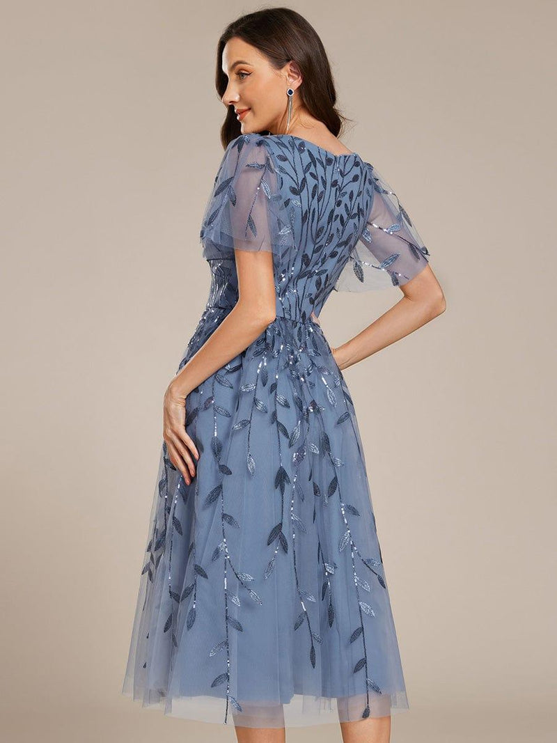 Elegant Short Sleeves Leaf Sequin V-Neck Midi Wedding Guest Dress