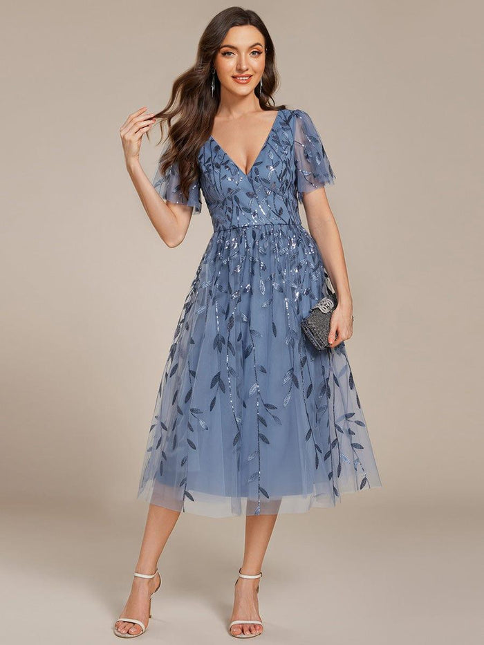 Elegant Short Sleeves Leaf Sequin V-Neck Midi Wedding Guest Dress