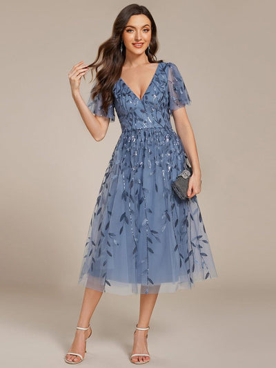 Leaf Sequin V-Neck Midi Bridesmaid Dress #color_Dusty Blue